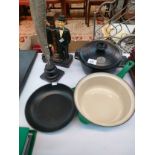 Emile Henry France lidded cooking pot, Le Creuset pot and frying pan. Together with Laurel & Hardy