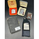 Four vintage Ronson Lighters and Ronson cigarette case with lighter attached. Boxed Ronson Capri,