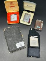 Four vintage Ronson Lighters and Ronson cigarette case with lighter attached. Boxed Ronson Capri,