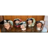 Five Royal Doulton character toby jugs to include Athos, Capt Hook, Simple Simon, Falstaff and