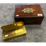 Antique Rosewood sewing box fitted with a brass and paua shell inlay lid. Together with a brass wall