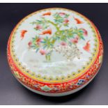 Late 19th/ Early 20th century Chinese Qianlong mark Famille Rose dish and cover. Celadon ground