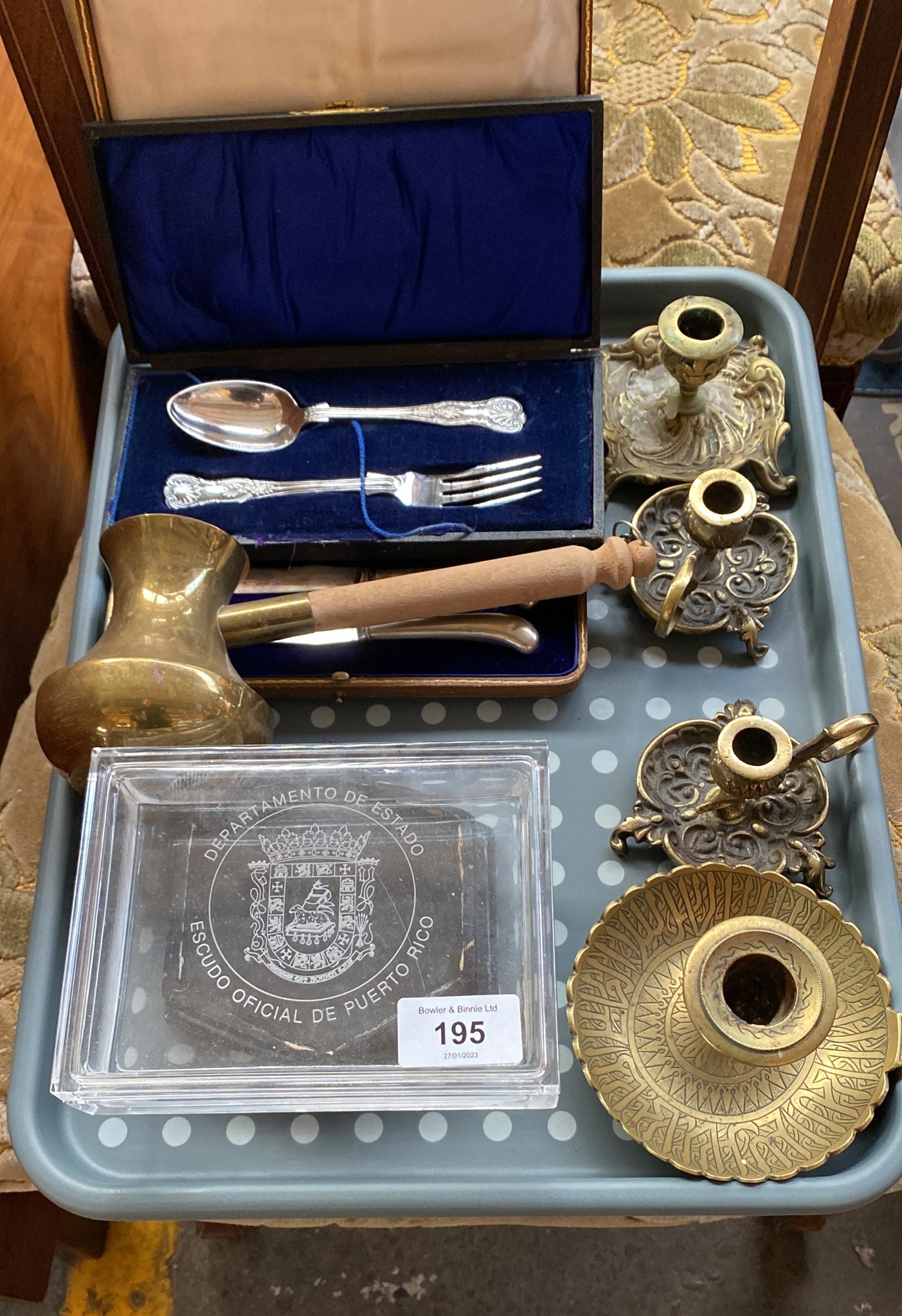 Tray of collectables to include Cut glass lidded dish, brass candle holders, Boxed butter knife