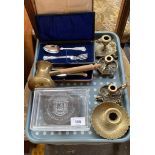 Tray of collectables to include Cut glass lidded dish, brass candle holders, Boxed butter knife