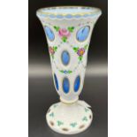 Antique Bohemian Moser style opaline overlay vase on crystal, on pedestal, hand painted with a