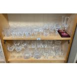 Two shelves of crystal to incude Stuart crystal wine decanter, Royal Doulton wine glasses and