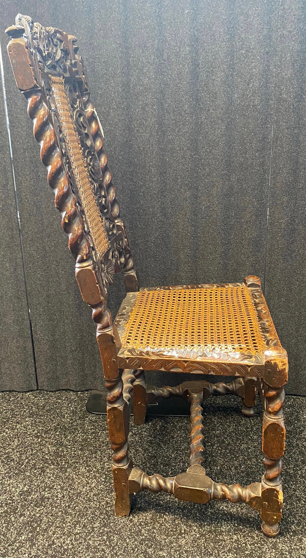 Charles II Walnut side chair- 17th century- the toprail pierced and carved with a crown flanked by - Image 8 of 10