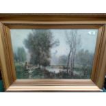 Antique print after Breanski depicting Dutch river scene, fitted within a gold ornate frame.
