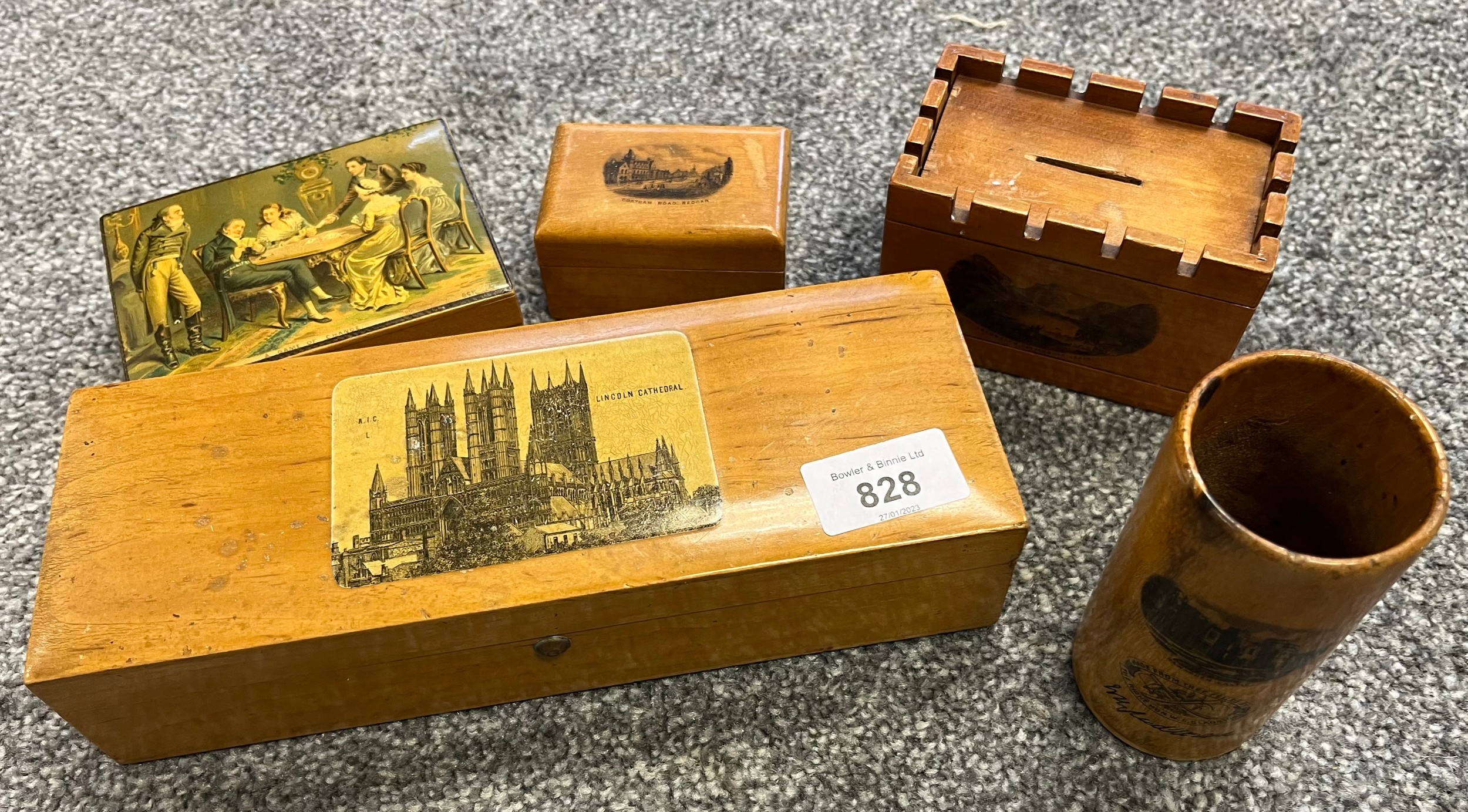 A Selection of Mauchline ware boxes to include castle shaped bank