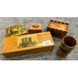 A Selection of Mauchline ware boxes to include castle shaped bank