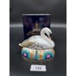Royal Crown Derby swan paperweight, gold button, comes with original box.