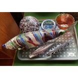 Tray of art glass fish, buoy, white friars dish and carnival glass bowl