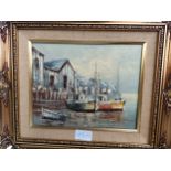 Oil painting depicting harbour with boats in fitted gilt frame Jones