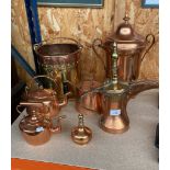 A Collection of Copper and brass wares to include two handle samovar, Stud finish and brass handle