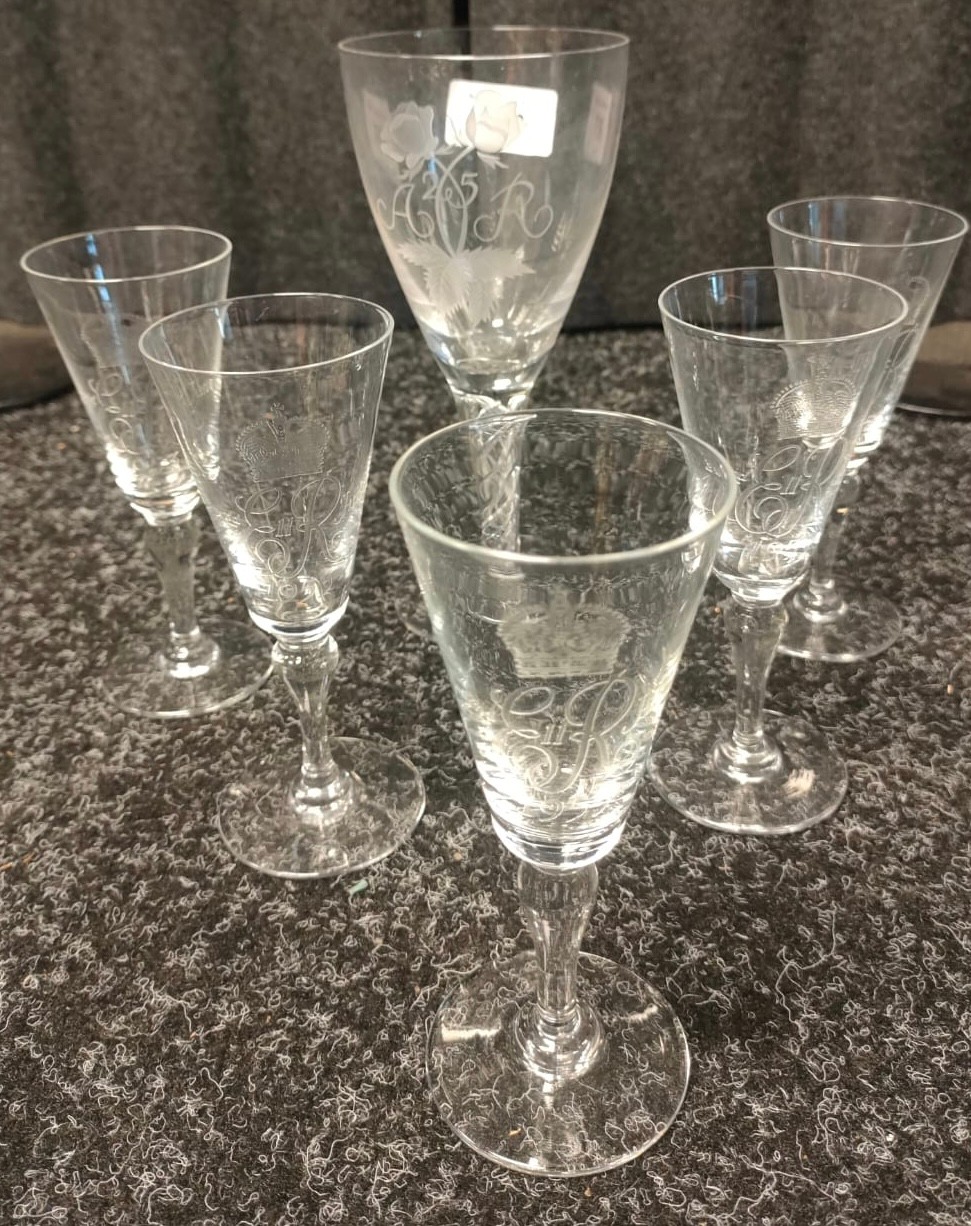 A Lot of five crystal Elizabeth II 1953 Commemorative sherry glasses, Together with a large twist