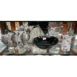 Shelf of studio glass to include Studio art glass bowl, set of 6 wine goblets, the flower vases