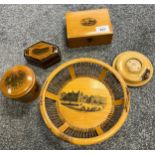 A Selection of Mauchline ware to include three boxes, stand and pierced bowl