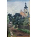 R.Duschek (2008) Framed watercolour depicting village tower scene [55x40cm]
