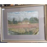 J A Conlan Original Pastel depicting Farm Dwellings in a Rural Scene. Dated 1965. Frame 60cm x 76cm.