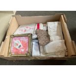 Box containing a quantity of vintage linen, some boxed.