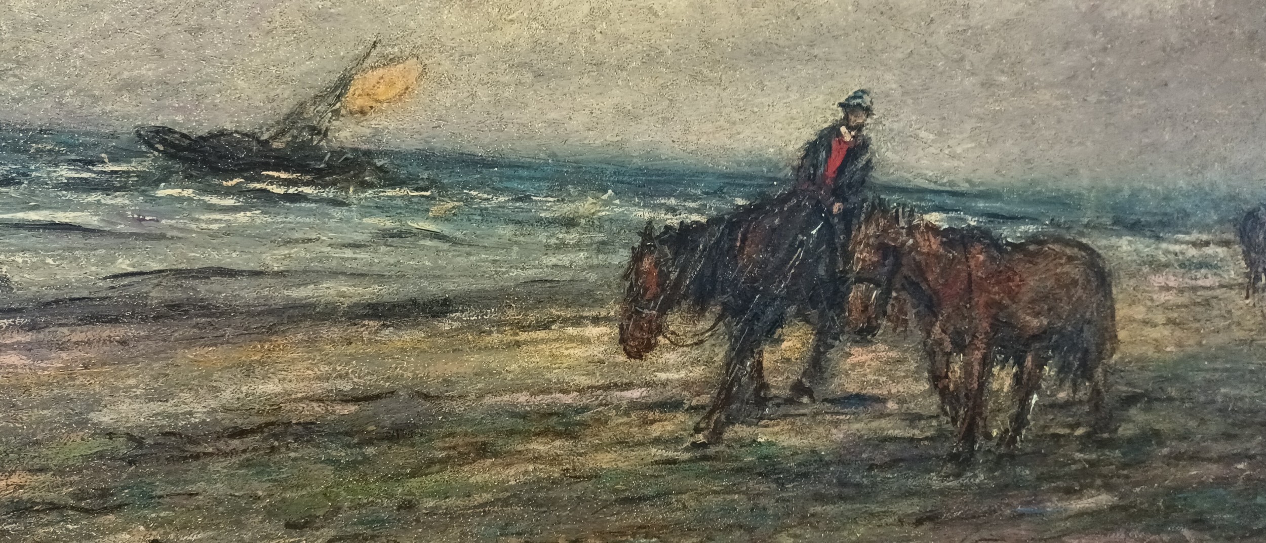 John Maclauchlan Milne RSA (1885-1957) Oil on board Titled 'Walking The Horses' [45x70cm] - Image 5 of 6