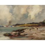 Oil on canvas, depicting Granton Harbour on the Forth. Signed (unreadable) [66x77cm]