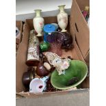 A Box of collectable odds to include a possible Dunmore pottery green glaze bowl, Two Blush ivory