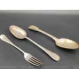 Three Antique silver flatwares. Includes Georgian Edinburgh serving spoon produced by William Ker,