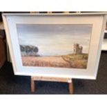 Large watercolour depicting Broxmouth Tower , painted for Miss Ella MacGregor Christmas 1975 by Fred