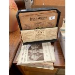 A vintage Linguaphone record carry case with records and a collection of vintage theatre programmes