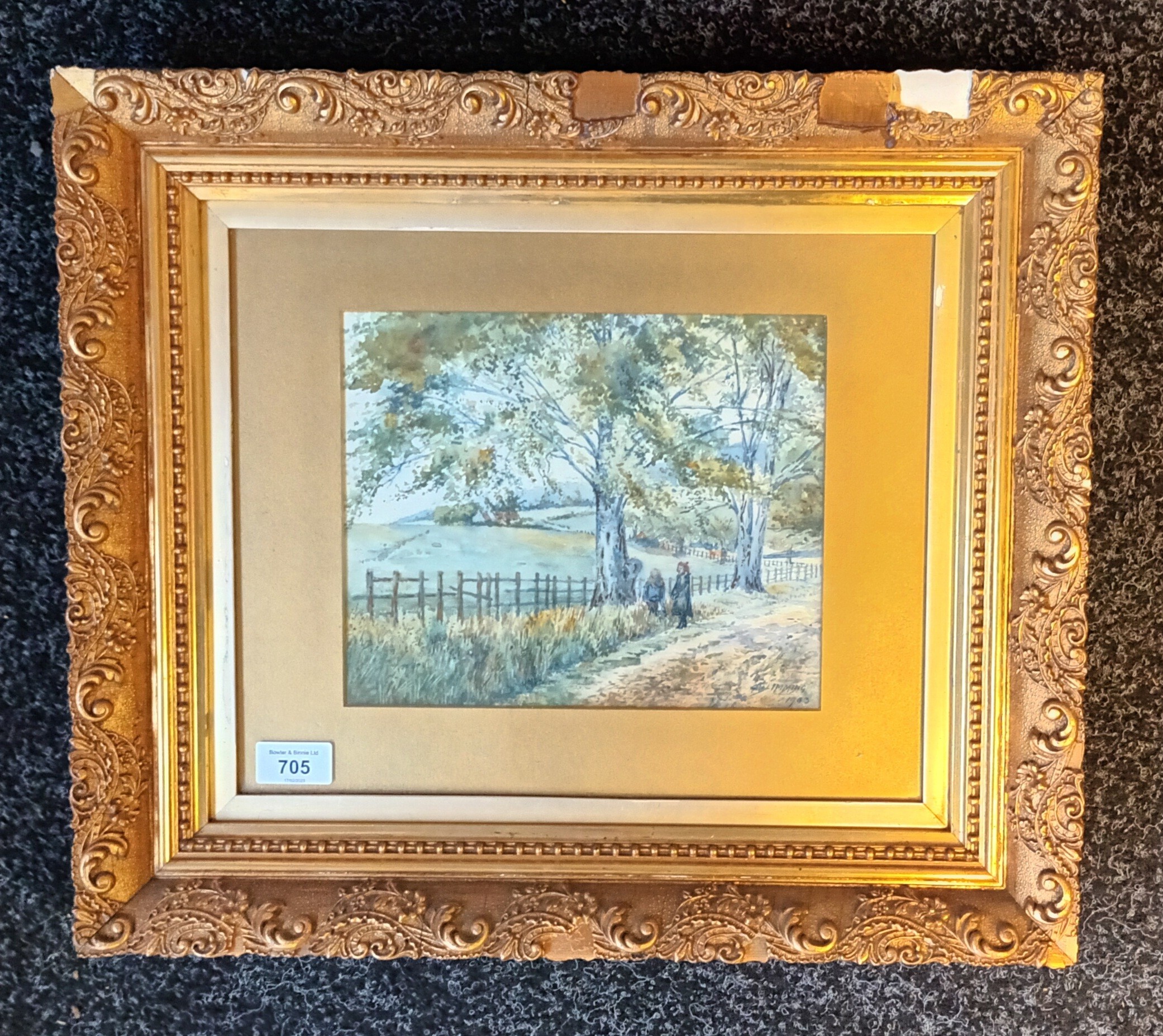 A.Blimming 1903 Watercolour depicting landscape walk withing a moulded gilt frame [42x49cm] - Image 2 of 3