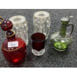 Art Nouveau pewter and green glass wine jug, Ruby red glass decanter, stopper and wine glass and two