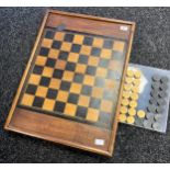 Antique folding chess/ checkers board Includes wooden checkers.