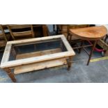 Pine and glass lounge coffee table together with half moon table.