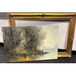 A Large oil painting on canvas depicting various figures fishing and by the fire. Signed A
