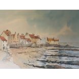 Ian H Rolland Large watercolour depicting coastal village scene, (signed) [69x89cm]