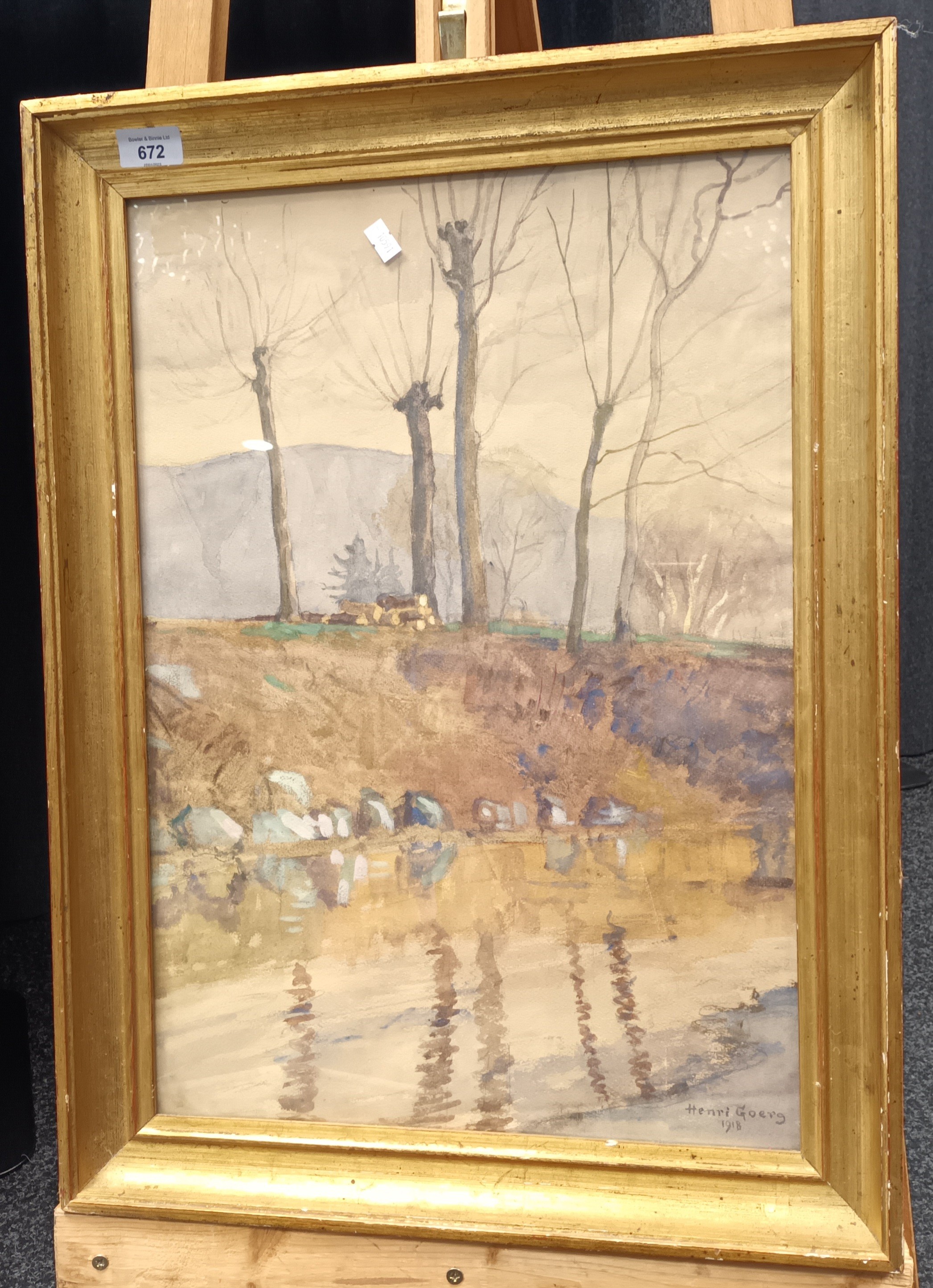 Henri Goerg [1918] Framed watercolour depicting tree cutting river scene [64x48cm] - Image 2 of 4