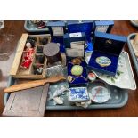 Tray of collectable odds to include Halcyon days Enamel pill boxes, Antique Japanese doll with