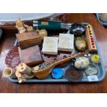 A Tray of collectable odds to include Hardy Bros empty boxes, light wood carved bear drumming toy,