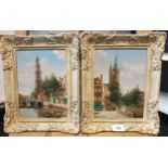Jacobus L Dispo A pair of oil paintings depicting church and canal scene, fitted within wooden