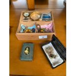 Box of interesting items includes jewellery , vintage boxes etc