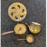 Lot of brass items to include pans, kettle and flip top stand/ table.