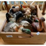 Wooden tray containing various collectable animal figurines. Includes Beswick flying duck and