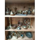 Three shelves of copper and brass wares to include minors sculpture of horse and coal cart, brass