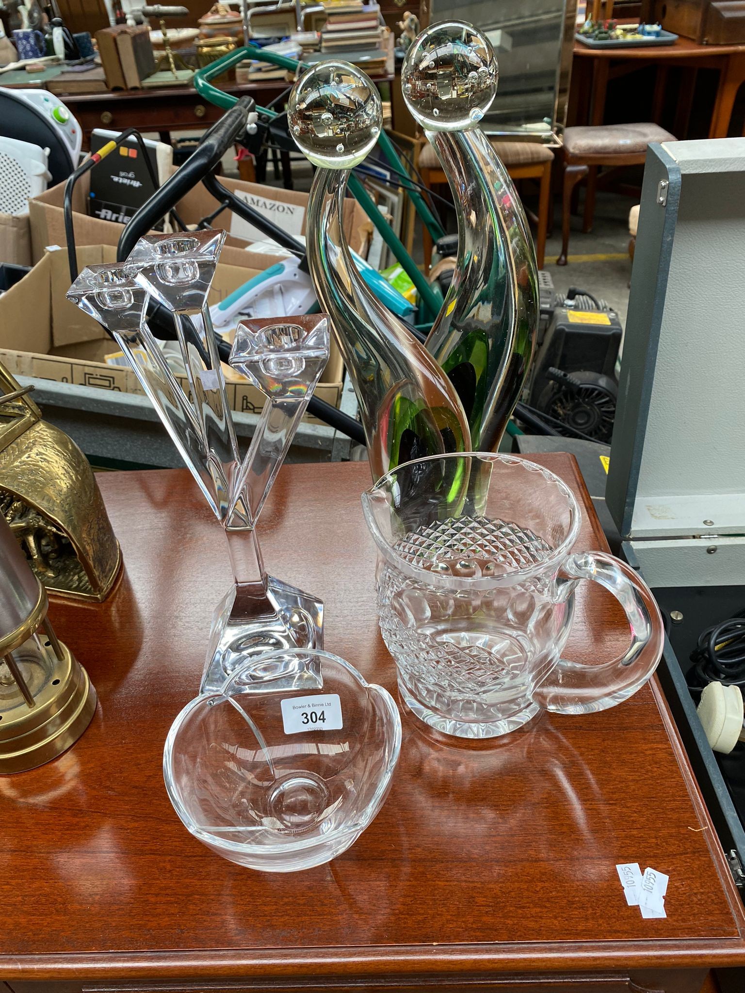 Villeroy & Boch crystal three branch candelabra, Waterford crystal water jug, Nachtmann crystal bowl