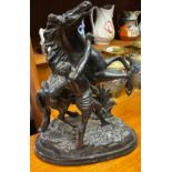 Antique black painted spelter Marly Horse sculptured after G Coustou. Sat upon a wooden plinth. [