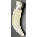 Birmingham silver lid and white agate horn shaped perfume bottle. [8cm in length]
