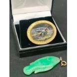 Antique/ vintage Chinese carved jade fish pendant, together with a miracle brooch designed with a