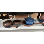 Vintage blue enamel cooking pot with lid, Enamelled cooking pan and two other metal lidded pots