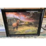 Large print depicting stag and mountain scene.